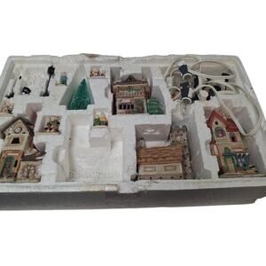 Vintage Light Up Ceramic Christmas Scene Houses People Trees Lamp Post Decor Set